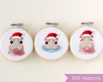 Hippos wearing Santa hat cross stitch PDF - Christmas embroidery - Instant download - Small