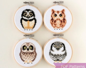 Owls cross stitch pattern bundle (Set C) - Set of 4 patterns - Instant Download PDFs
