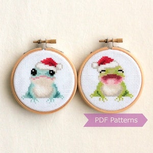 Frogs wearing Santa hat cross stitch PDF - Christmas embroidery - Instant download - Small