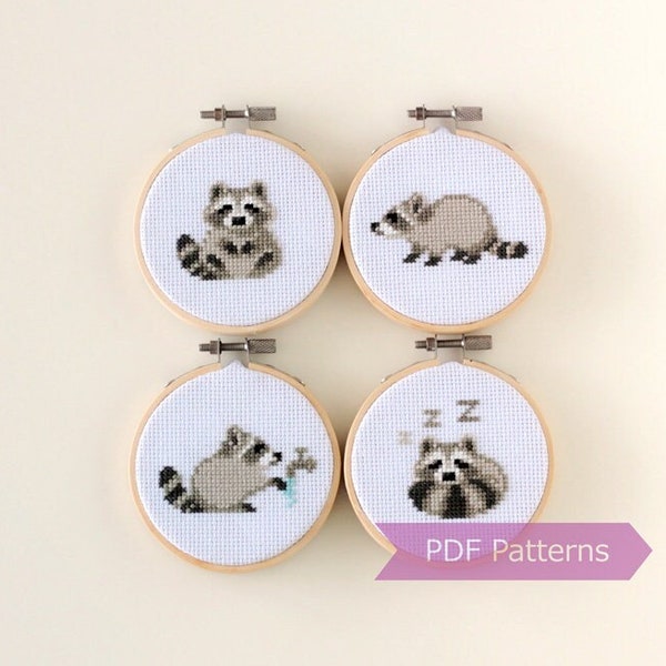 Raccoon cross stitch pattern PDF bundle - Set of 4 raccoon patterns - Instant download - Small