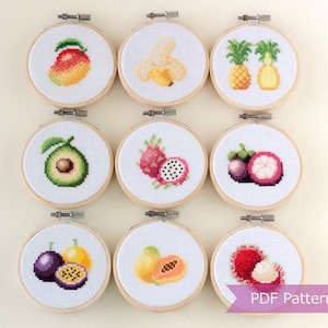 Tropical fruits cross stitch pattern bundle - Set of 9 tropical fruits embroidery patterns - Instant Download PDFs
