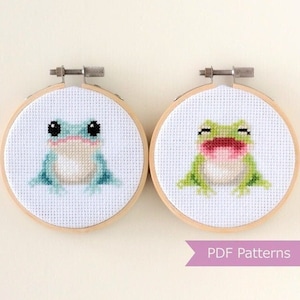 Frogs cross stitch pattern PDF bundle - Blue + Green Frog embroidery - Instant download - Small