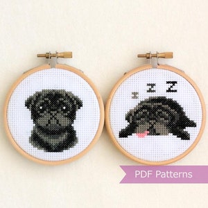 May include: Two cross-stitch patterns featuring a black pug dog. One pattern shows the pug looking forward, the other shows the pug sleeping with its tongue sticking out. The patterns are framed in wooden hoops and are labeled "PDF Patterns".