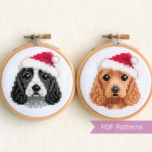Cocker Spaniel Blau-Roan + Rot mit Weihnachtsmannmütze Kreuzstich-PDF - Weihnachtsstickerei - Sofort-Download - Klein