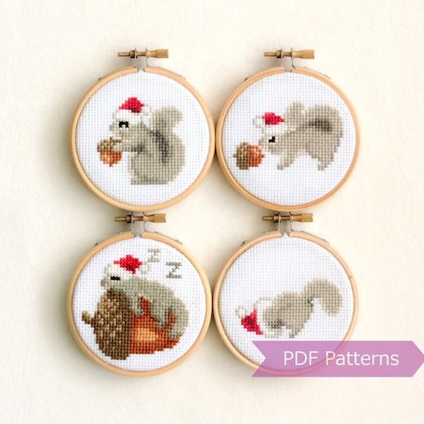 Gray Squirrel wearing Santa hat cross stitch PDF bundle - Christmas embroidery - Instant download - Small