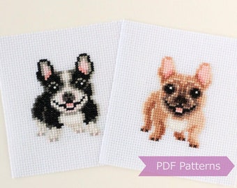 Paquete de patrones de punto de cruz de Bulldog Francés en PDF - Bulldog Francés leonado + Bulldog Francés blanco y negro - Descarga instantánea - Pequeño