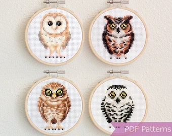 Owls cross stitch pattern bundle (Set A) - Set of 4 patterns - Instant Download PDFs