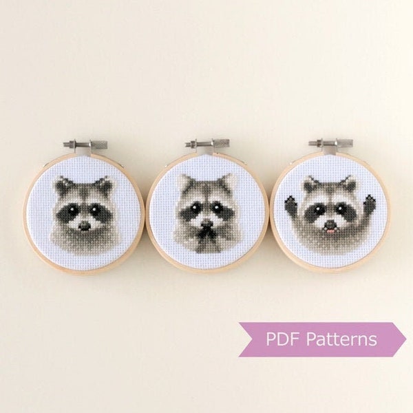 Raccoon cross stitch pattern PDF bundle - Set of 3 raccoon patterns - Instant download - Small