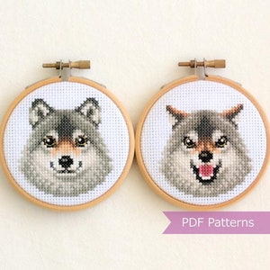 Wolf Kreuzstich Stickmuster PDF Set - Großer Wolf + Knurrender Wolf - Sofortiger Download - Klein