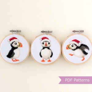 Puffin wearing Santa hat cross stitch PDF - Christmas embroidery - Instant download - Small
