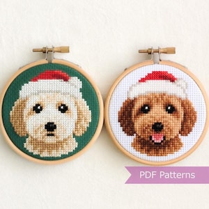 Goldendoodle color crema y rojo con gorro de Papá Noel (PDF para punto de cruz) - Bordado navideño - Descarga instantánea - Pequeño