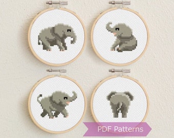 Happy Elephant cross stitch PDF bundle - 4 elephant combo - Instant download - Small