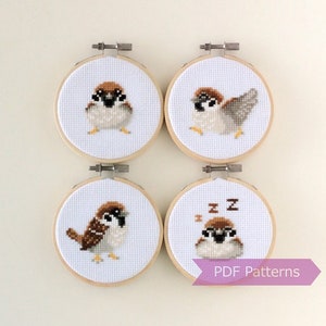 Sparrow cross stitch pattern PDF bundle - Set of 4 sparrow patterns - Instant download - Small