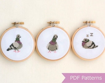 Pigeon cross stitch pattern PDF bundle - Set of 3 pigeon patterns - Instant download - Small