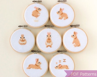 Bunnies cross stitch pattern PDF bundle - Set of 7 rabbit patterns - Instant download - Small