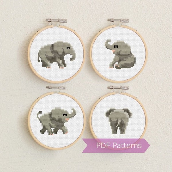 Happy Elephant cross stitch PDF bundle - 4 elephant combo - Instant download - Small