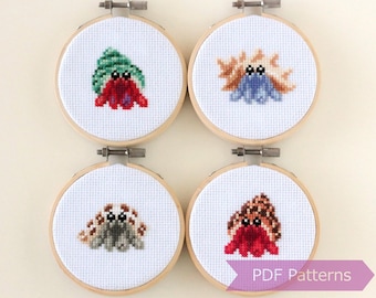 Hermit Crabs cross stitch pattern PDF bundle - Set of 4 hermit crab patterns - Instant download - Small
