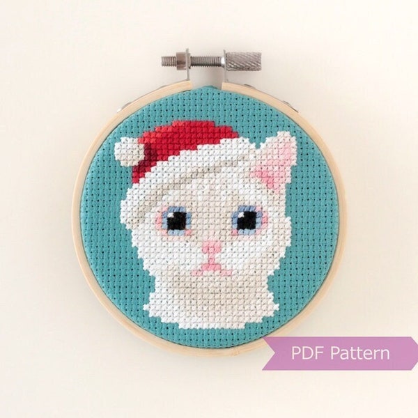 White Cat wearing Santa hat cross stitch PDF - Christmas embroidery - Instant download - Small