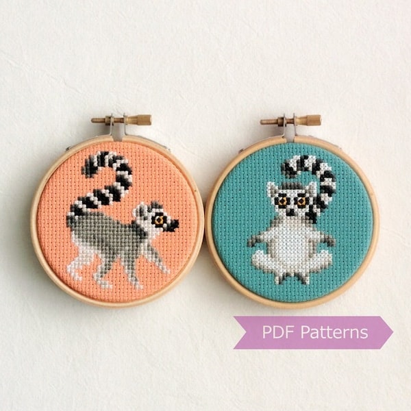 Ring-tailed Lemur cross stitch pattern PDF bundle - Ring-tailed Lemur facing sideways + front patterns - Instant download - Small
