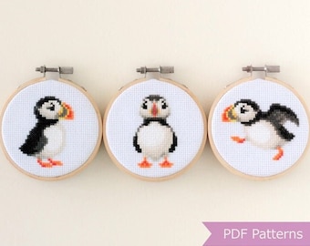 Puffin cross stitch pattern PDF bundle - Set of 3 puffin patterns - Instant download - Small