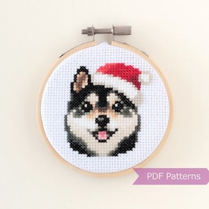 Black and Tan Shiba Inu wearing Santa hat cross stitch PDF - Christmas embroidery - Instant download - Small