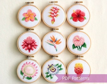 Tropical flowers cross stitch pattern bundle - Set of 9 tropical flowers embroidery patterns - Instant Download PDFs