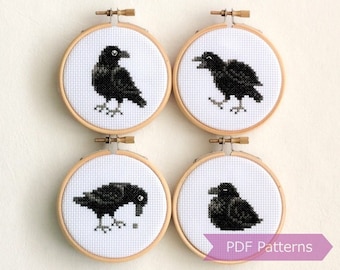 Crow cross stitch pattern PDF bundle - Set of 4 raven patterns - Instant download - Small