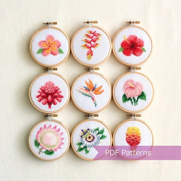 Tropical flowers cross stitch pattern bundle - Set of 9 tropical flowers embroidery patterns - Instant Download PDFs