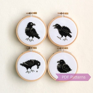Crow cross stitch pattern PDF bundle - Set of 4 raven patterns - Instant download - Small