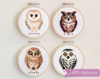 Owls cross stitch pattern bundle (Set A) - Set of 4 patterns - Instant Download PDFs