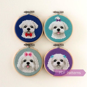 Maltese dog cross stitch pattern PDF bundle - Maltese with and without hair ties and bows embroidery -  Instant download - Small