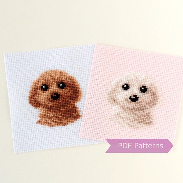 Brown and White Toy Poodles cross stitch pattern PDF - Toy Poodle embroidery - Instant download - Small