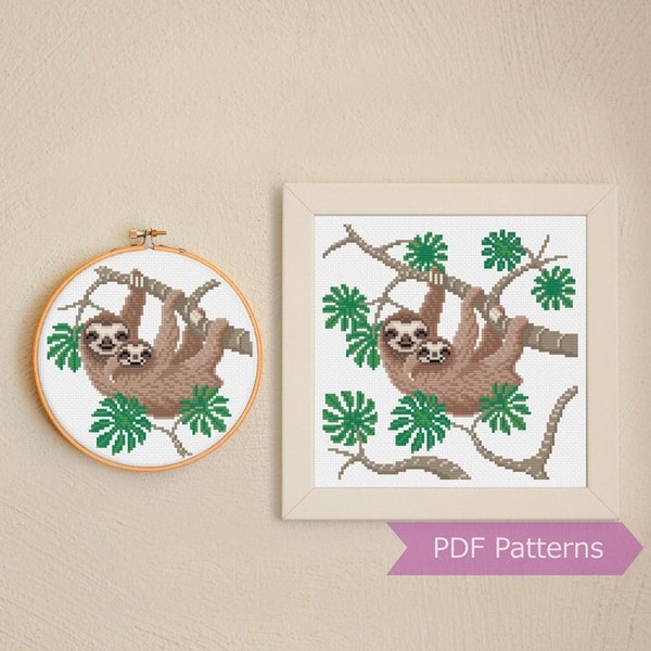 Three-toed Sloth cross stitch pattern PDF - Sloth embroidery - Instant download - Medium