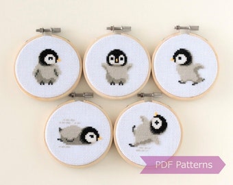 Baby Penguin cross stitch pattern PDF bundle - Set of 5 baby penguin patterns - Instant download - Small