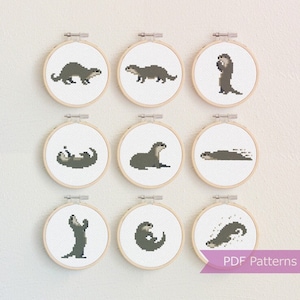 Verspieltes Otter-Kreuzstichmuster-PDF-Paket – Set mit 9 Ottermotiven – Sofort-Download – Klein