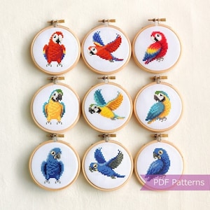 Macaw cross stitch pattern PDF mega bundle - Scarlet + Blue-and-yellow + Hyacinth Macaw embroidery bundle - Instant download - Small