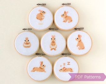 Bunnies cross stitch pattern PDF bundle - Set of 7 rabbit patterns - Instant download - Small