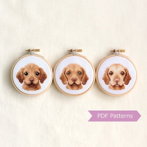 May include: Three cross-stitch patterns of a dog's face in embroidery hoops. The dog is a light brown color with brown eyes. The patterns are available as PDF downloads.  PDF Patterns.