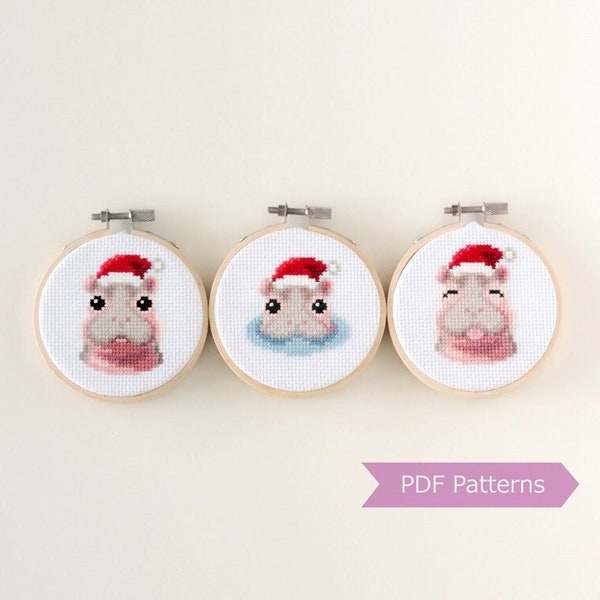 Hippos wearing Santa hat cross stitch PDF - Christmas embroidery - Instant download - Small