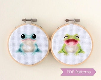 Frogs cross stitch pattern PDF bundle - Blue + Green Frog embroidery - Instant download - Small