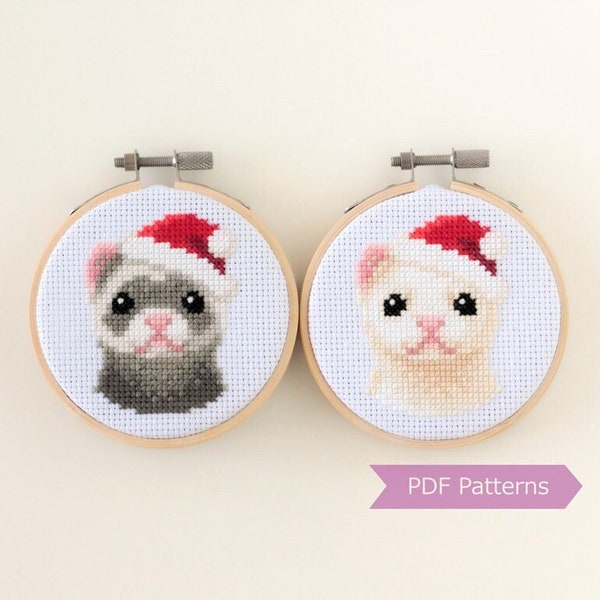 Ferret wearing Santa hat cross stitch PDF - Christmas embroidery - Instant download - Small