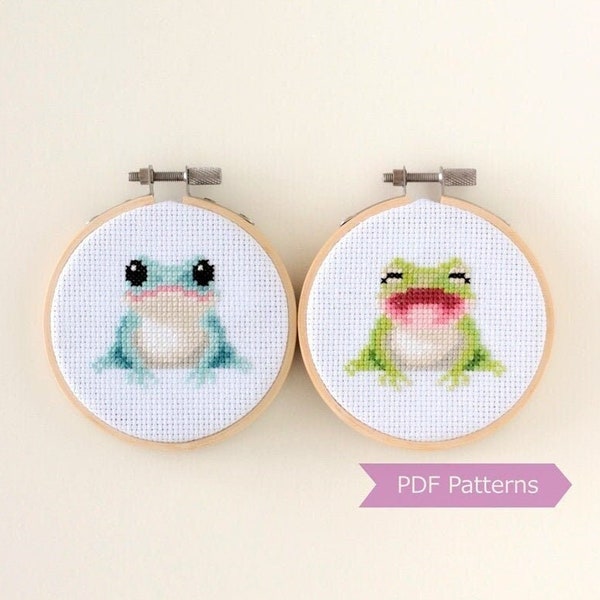Frogs cross stitch pattern PDF bundle - Blue + Green Frog embroidery - Instant download - Small