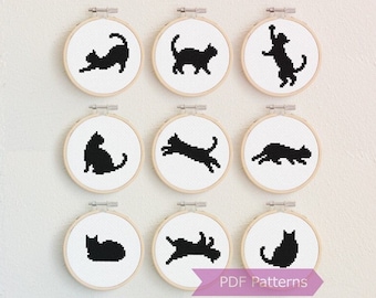 Silhouettes of Cats cross stitch pattern PDF bundle A - Set of 9 cat silhouette patterns - Instant download - Small