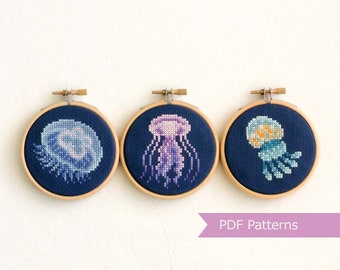 Jellyfish cross stitch pattern PDF bundle - Moon + Amakusa + Spotted Jelly embroidery - Instant Download - Small