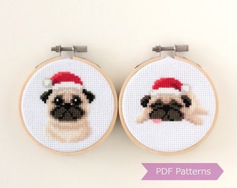 Pug wearing Santa hat cross stitch PDF - Pug + Sleeping Pug Christmas embroidery - Instant download - Small