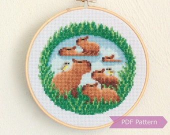 The World of Capybaras cross stitch pattern PDF - Capybara embroidery - Instant download - Medium
