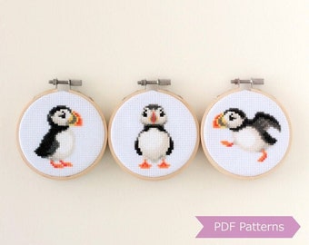 Puffin cross stitch pattern PDF bundle - Set of 3 puffin patterns - Instant download - Small