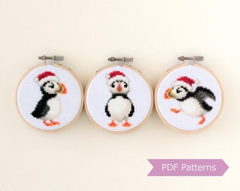 Puffins wearing Santa hat cross stitch PDF - Christmas embroidery - Instant download - Small