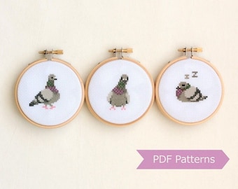 Pigeon cross stitch pattern PDF bundle - Set of 3 pigeon patterns - Instant download - Small