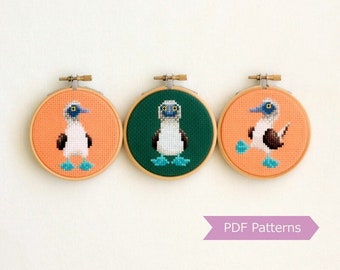 May include: Three blue-footed booby cross-stitch patterns on orange and green fabric in wooden embroidery hoops. PDF Patterns.